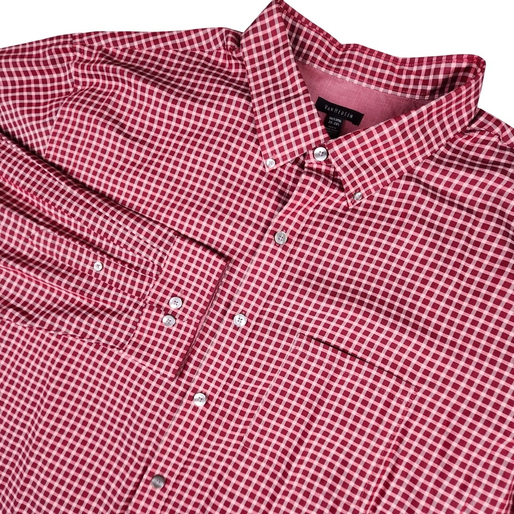 Van Heusen Button Down Shirt Mens 3XLT Red Gingham Plaid Long Sleeve Big Tall